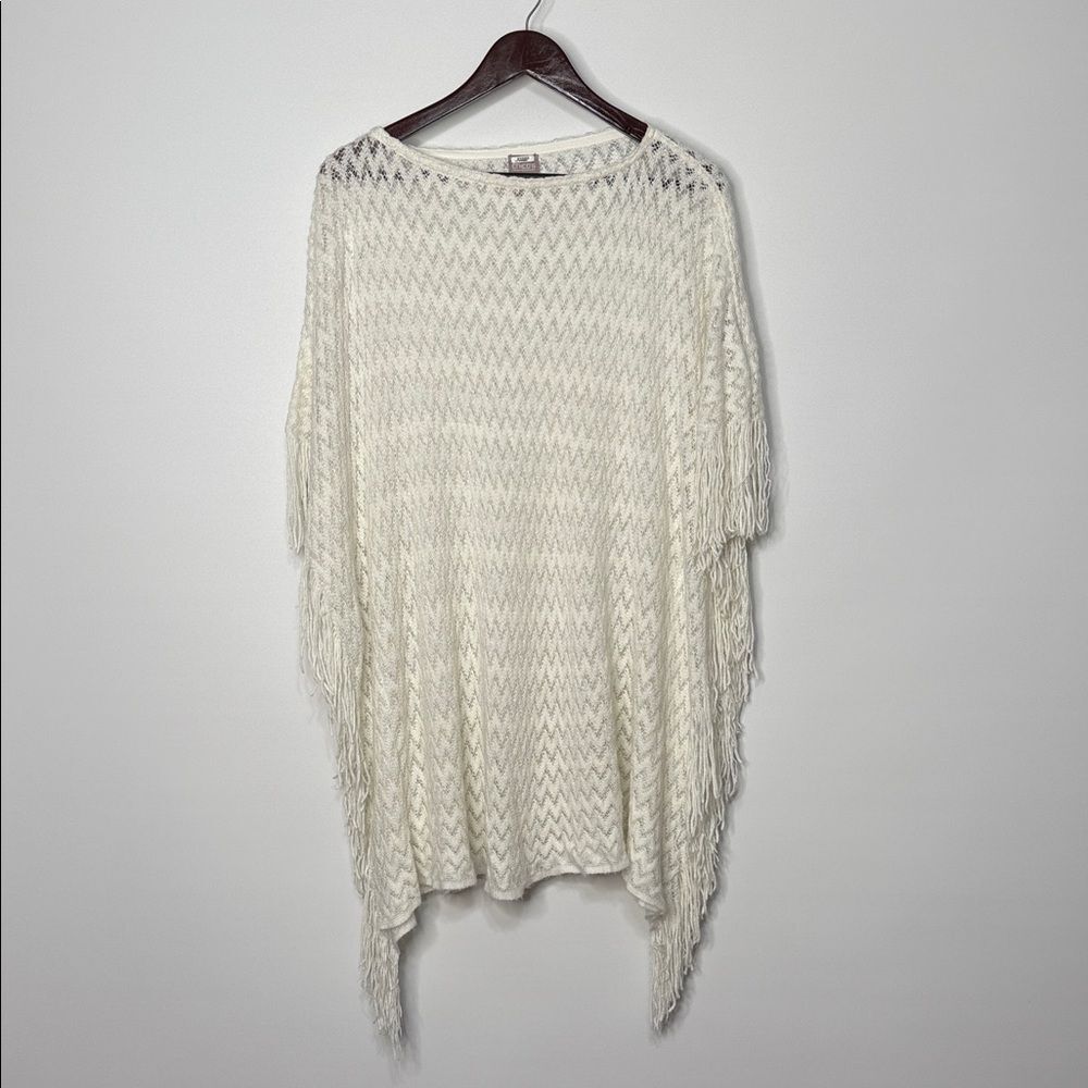 Chico's White Open-Knit Fringe Poncho Sweater L/XL